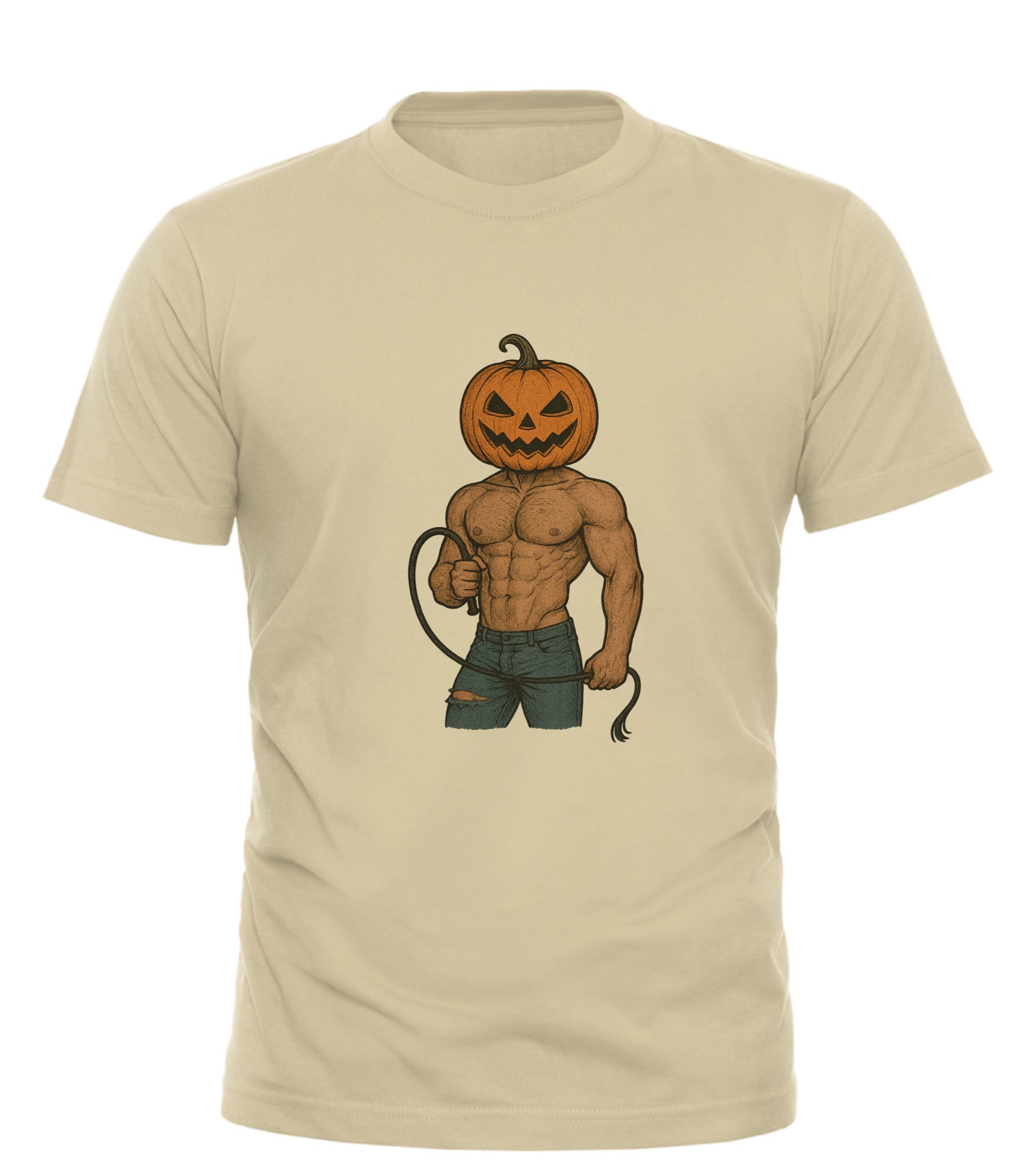 THICC Pump King Halloween tee beige cotton t shirt with muscular pumpkin head character holding a whip