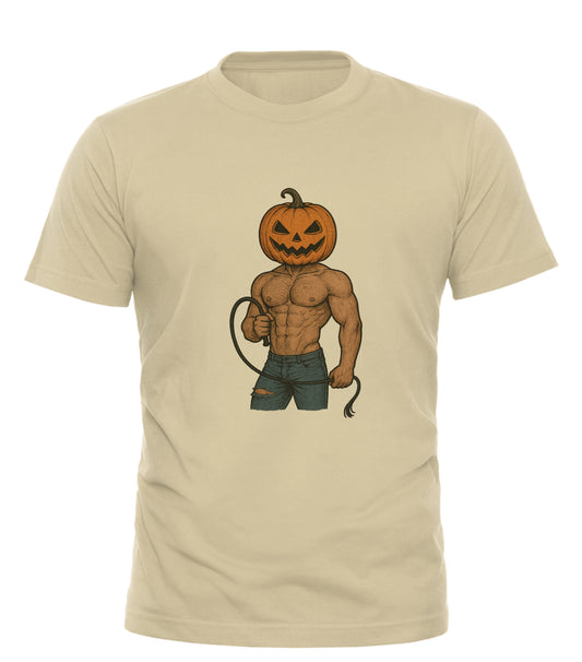 THICC Pump King Halloween tee beige cotton t shirt with muscular pumpkin head character holding a whip