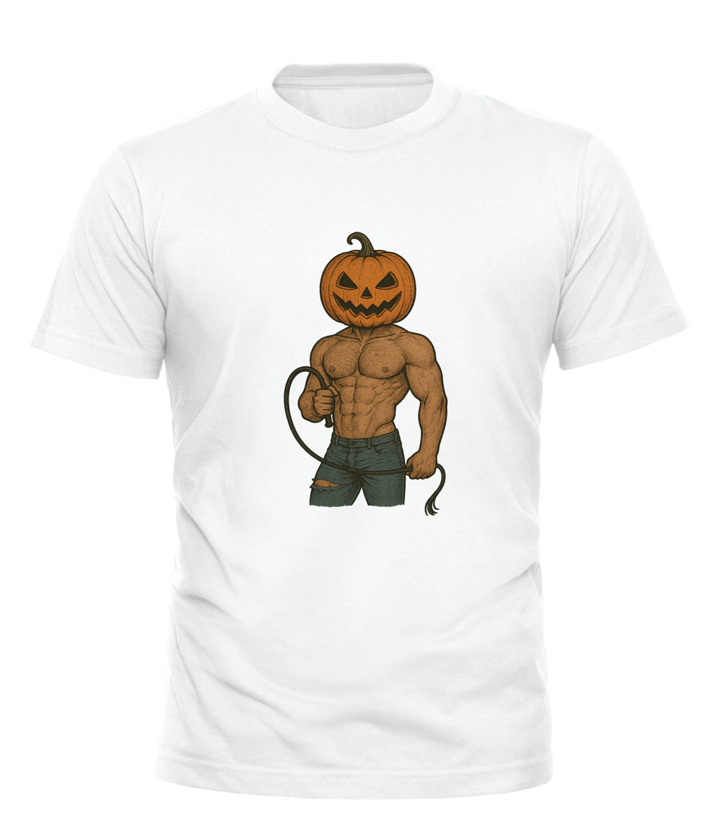 THICC Pump King Halloween tee white T shirt showing muscular pumpkin head character wearing ripped shorts and holding a whip