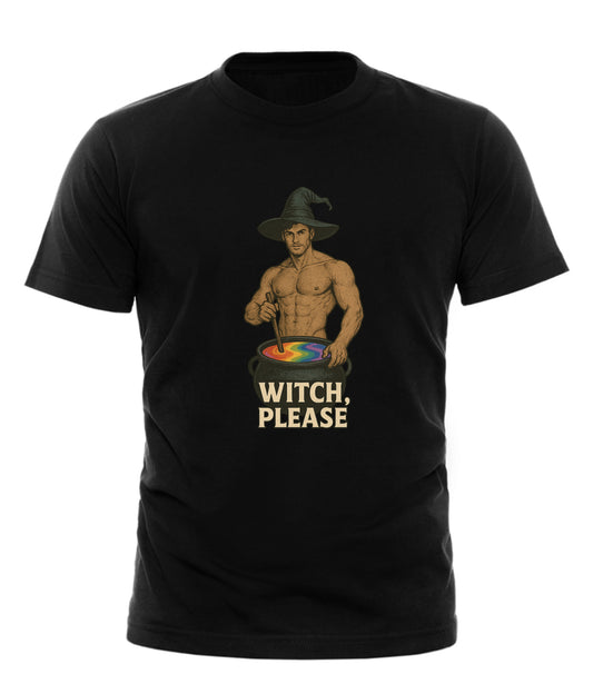 Good Trouble Garments Witch Please t-shirt black tee featuring shirtless man in witch hat stirring rainbow cauldron