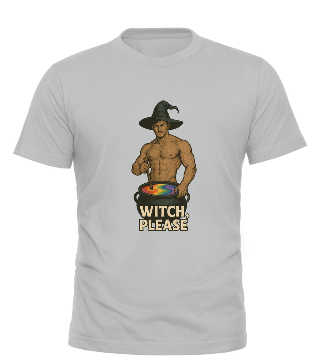 Witch Please t-shirt light gray featuring shirtless man in witch hat stirring rainbow cauldron graphic