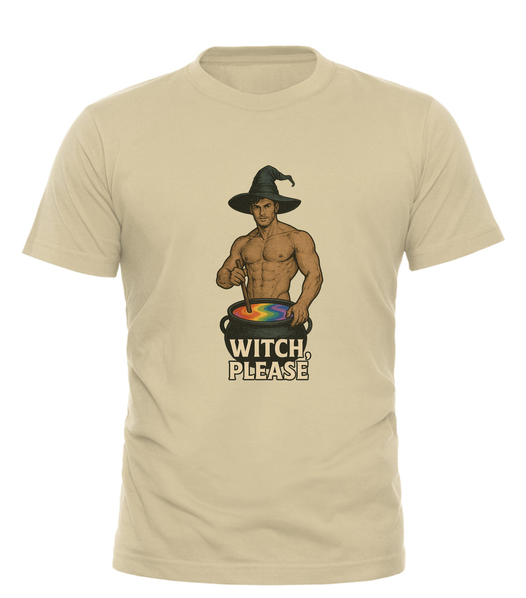 Witch Please t-shirt beige crew neck by GOOD TROUBLE FASHION featuring shirtless wizard stirring rainbow cauldron