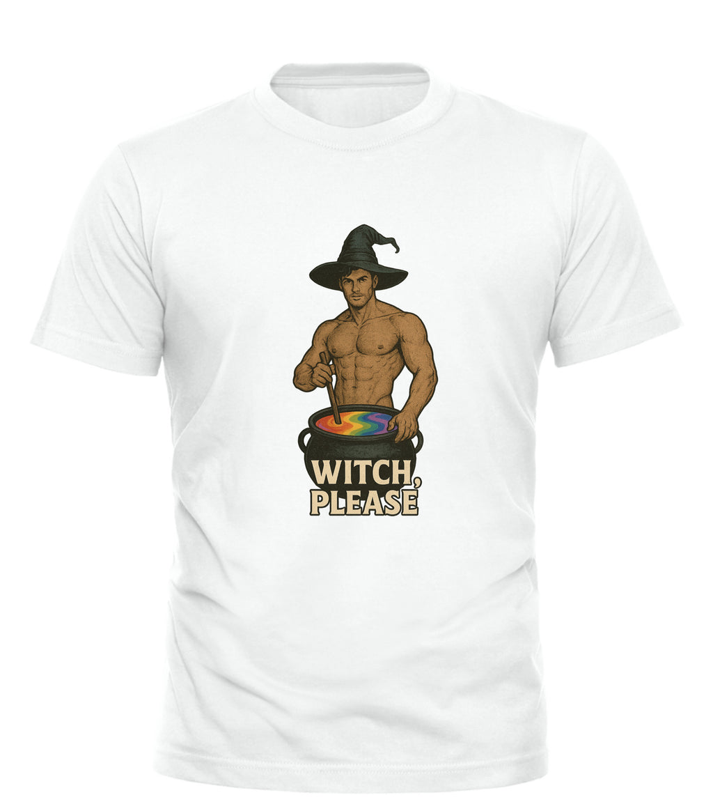 White Good Trouble Garments Witch Please t-shirt with shirtless man in witch hat stirring a rainbow cauldron graphic