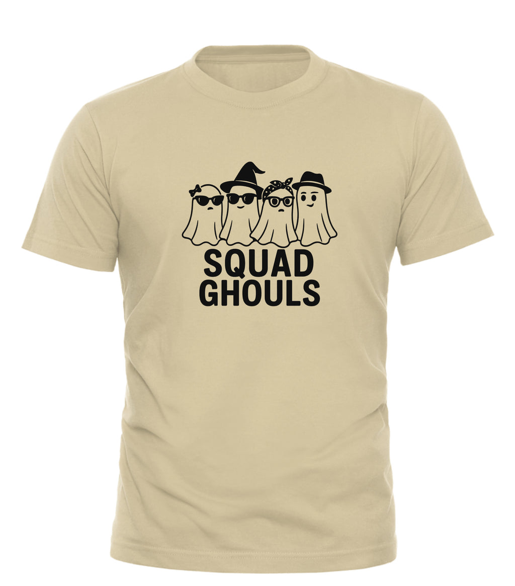 Beige squad ghouls halloween shirt with four stylish ghost characters and bold black text