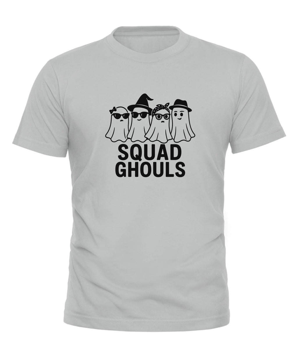 Good Trouble Garments squad ghouls halloween shirt with four cartoon ghost characters in black on a white tee