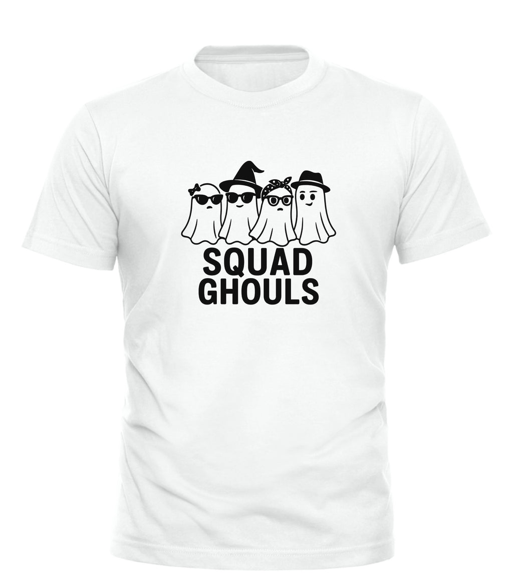 White Good Trouble Garments squad ghouls halloween shirt with four cartoon ghost characters in hats and glasses