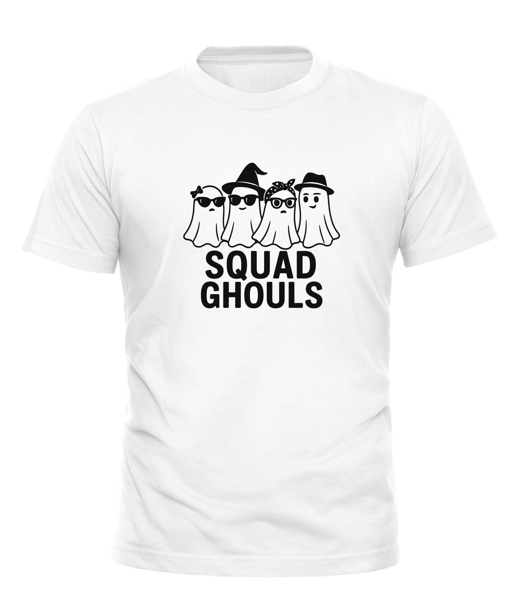 White Good Trouble Garments squad ghouls halloween shirt with four cartoon ghost characters in hats and glasses