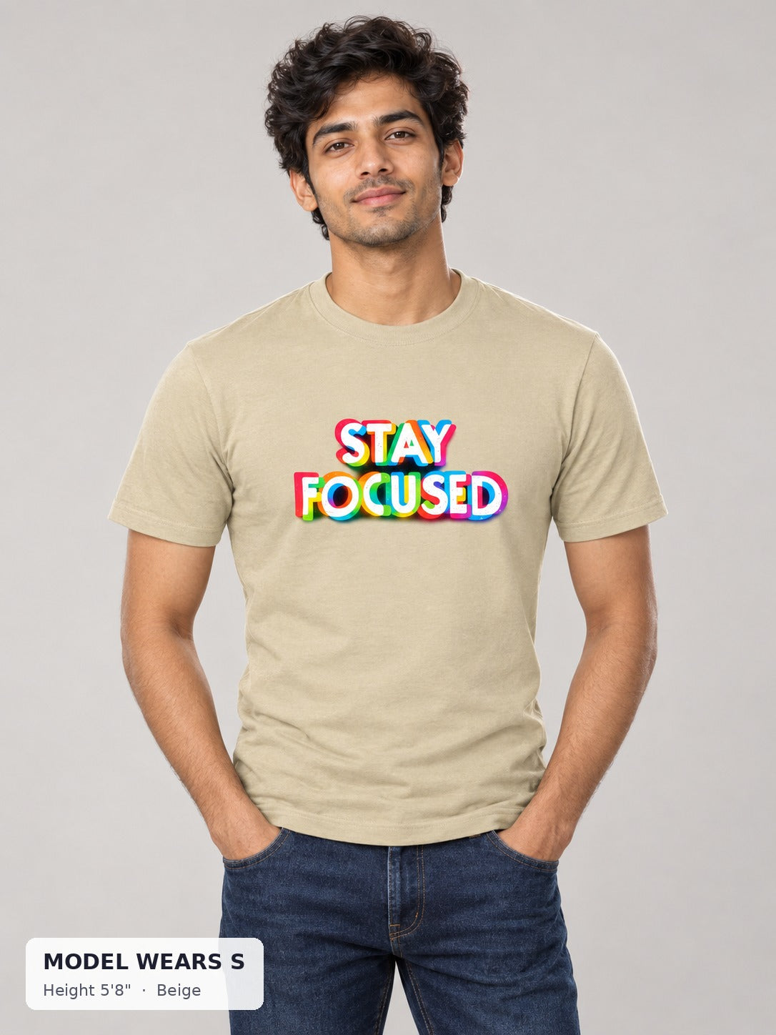 Stay Focused Pride Tee in Beige on a slim model wearing size S, 5'8" - Good Trouble Fashion