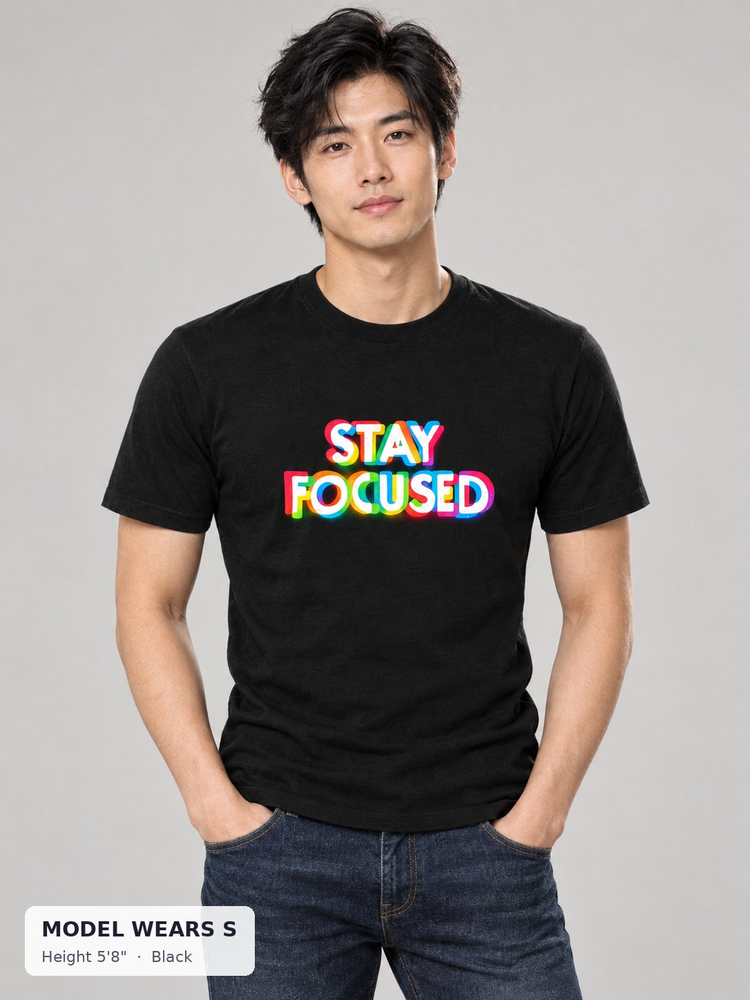 Stay Focused Pride Tee in Black on a slim model wearing size S, 5'8" - Good Trouble Fashion