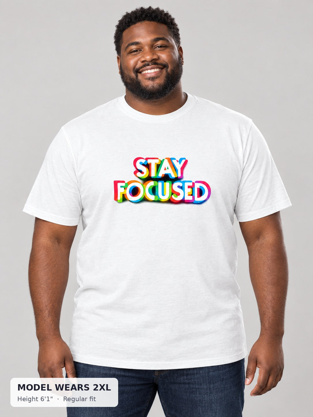 Stay Focused Pride Tee on a plus-size model wearing size 2XL, 6'1" - Good Trouble Fashion