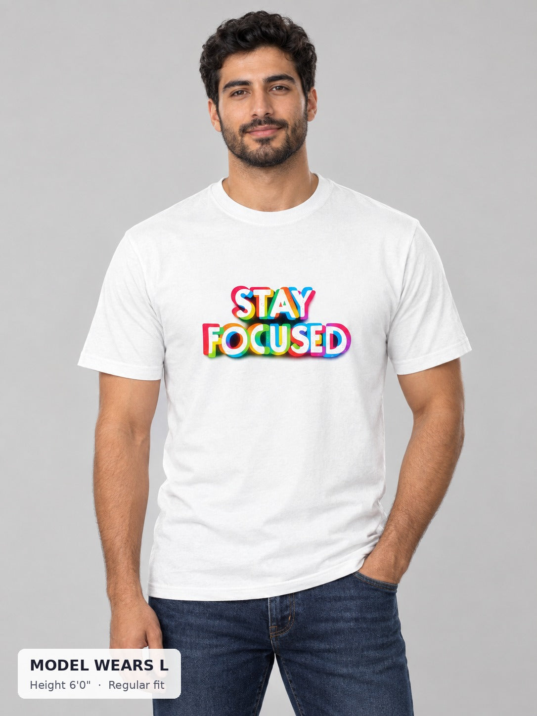 Stay Focused Pride Tee on an athletic model wearing size L, 6'0" - Good Trouble Fashion