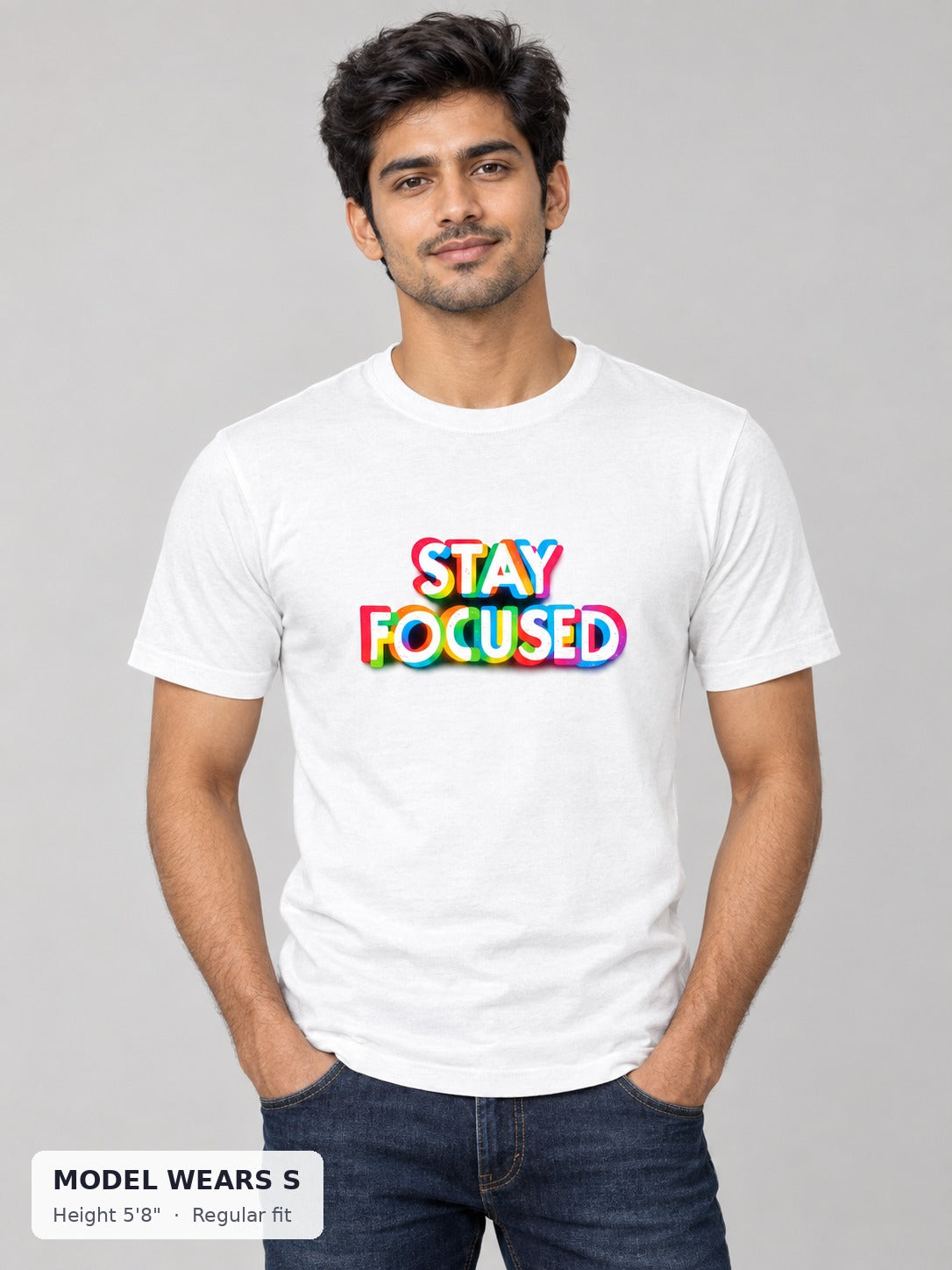 Stay Focused Pride Tee on a slim model wearing size S, 5'8" - Good Trouble Fashion