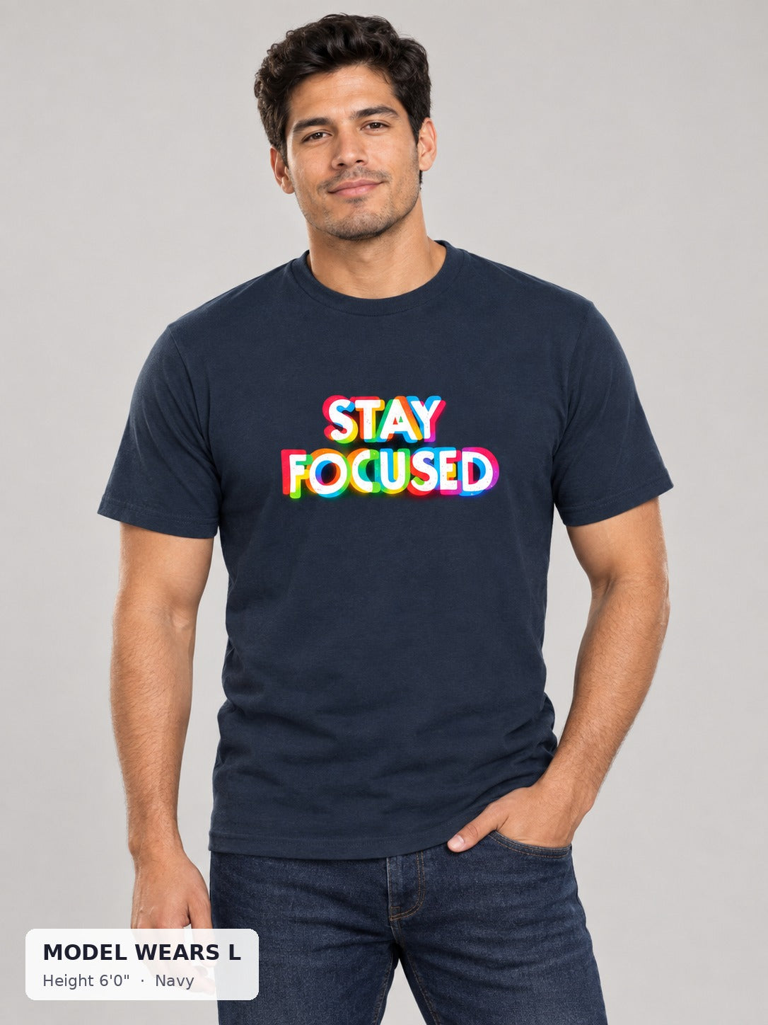 Stay Focused Pride Tee in Navy on an athletic model wearing size L, 6'0" - Good Trouble Fashion
