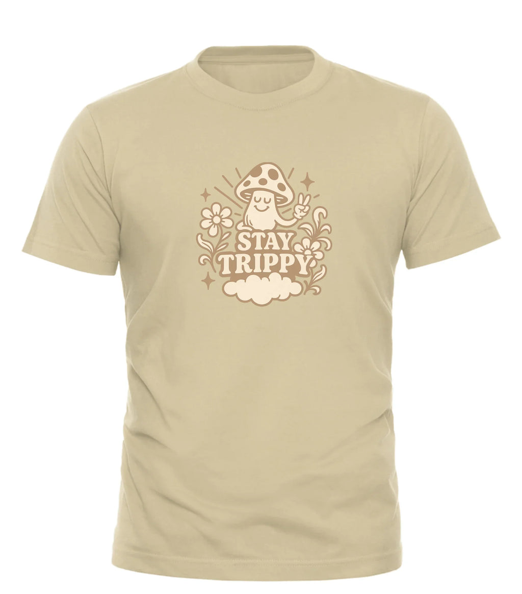 Good Trouble Fashion beige stay trippy t-shirt with mushroom and floral graphic design