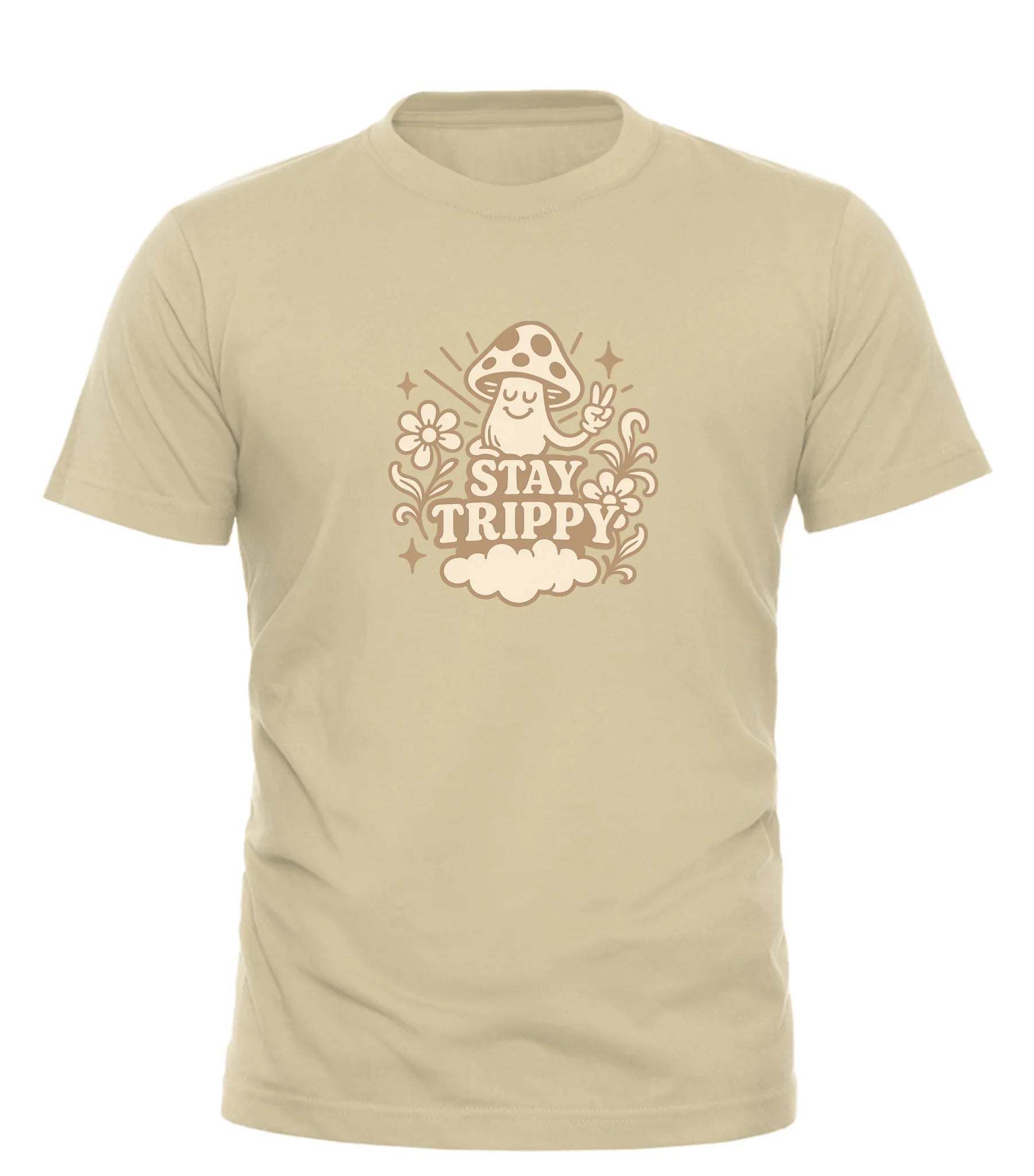 Good Trouble Fashion beige stay trippy t-shirt with mushroom and floral graphic design