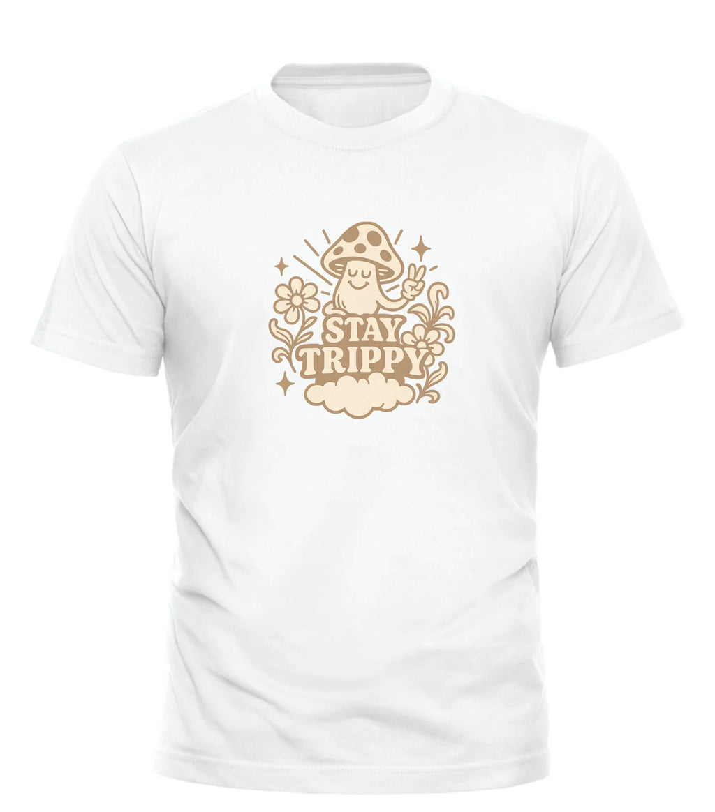 Good Trouble Garments white stay trippy t-shirt with mushroom and floral graphic design