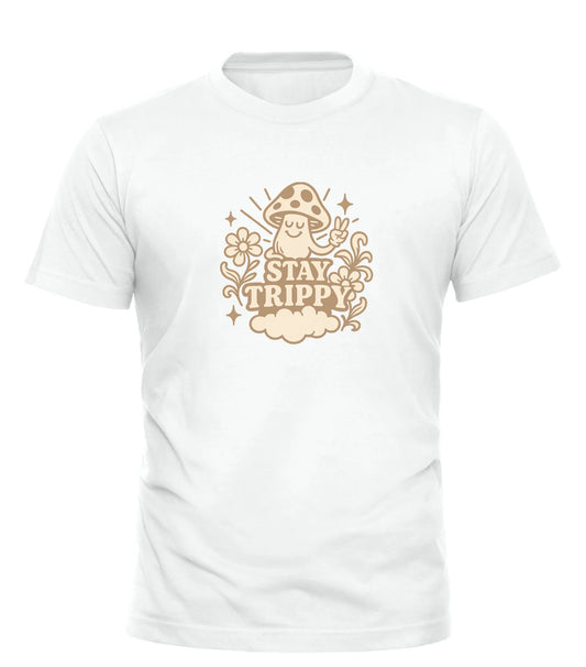Good Trouble Garments white stay trippy t-shirt with mushroom and floral graphic design