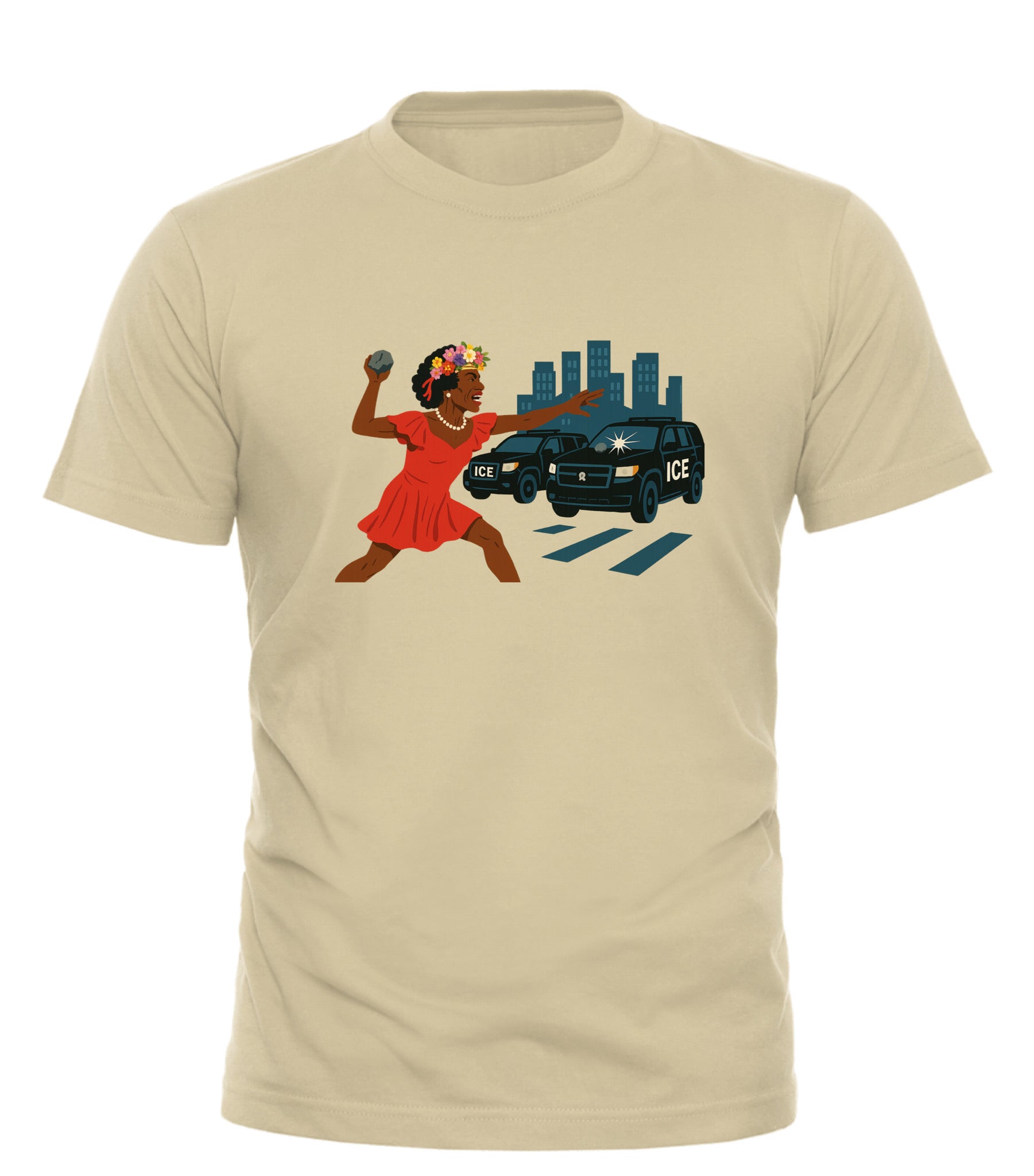 Stonewall pride t-shirt by Good Trouble Fashion with graphic of person throwing a rock at ICE vans