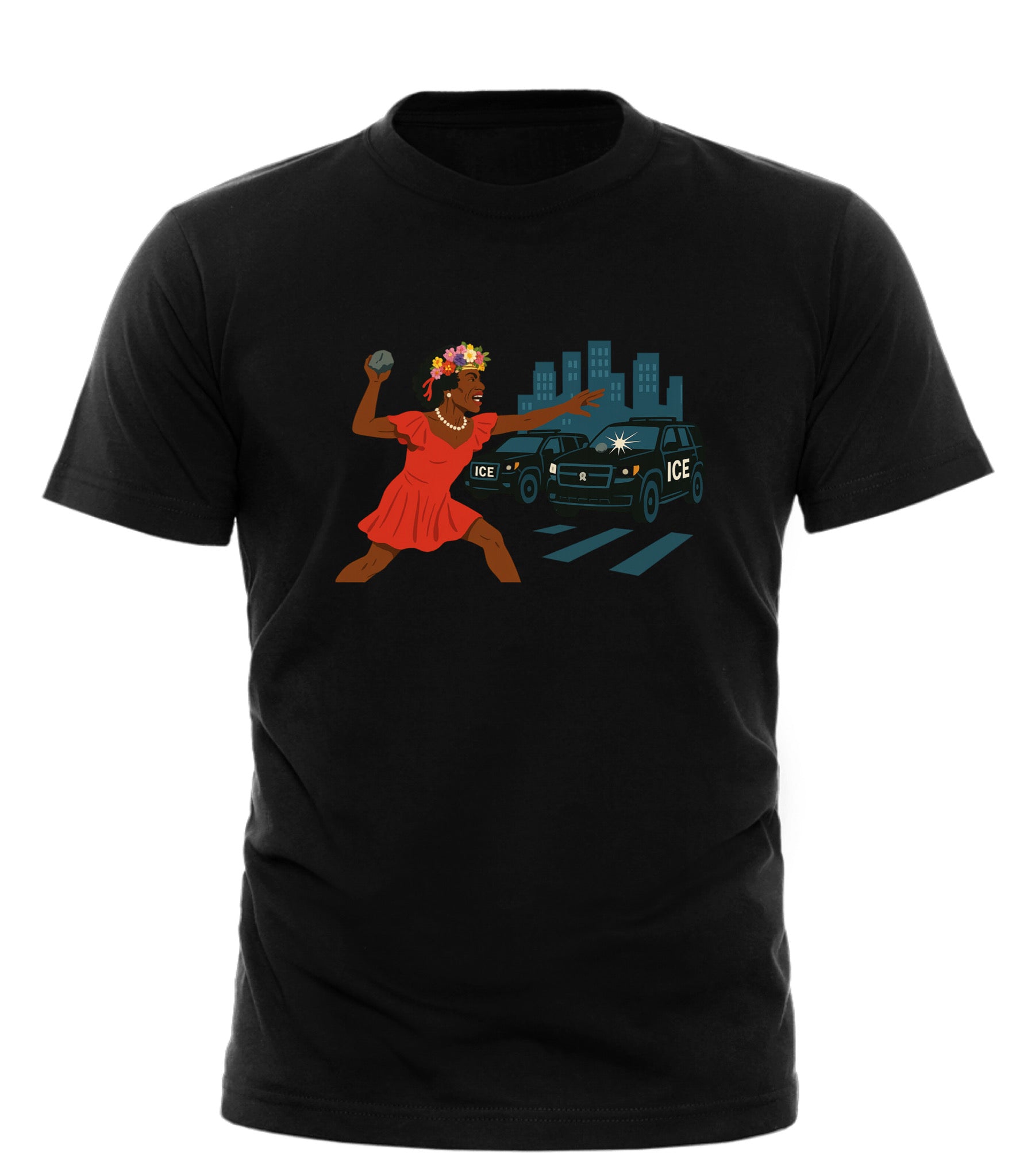 Good Trouble Garments Stonewall pride t-shirt with graphic of person throwing rock at ICE vehicle