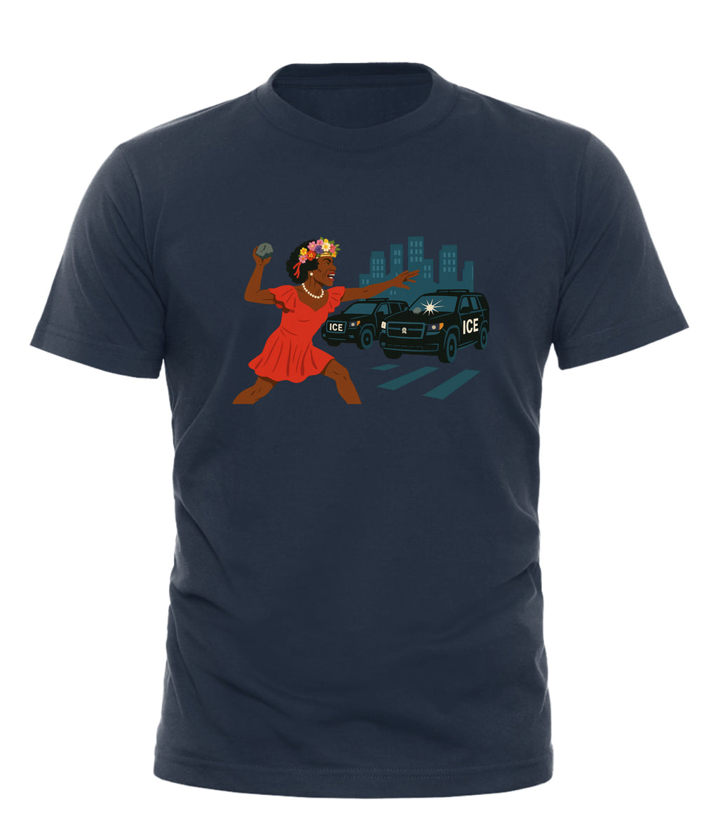 Good Trouble Garments Stonewall pride t-shirt with graphic of person in red dress throwing object at ICE vehicles