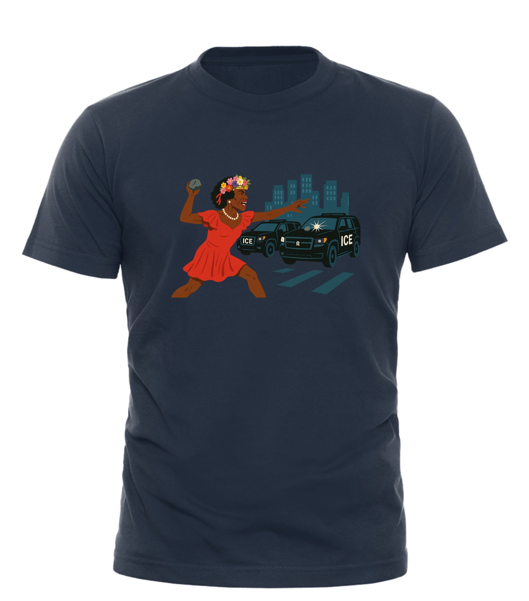 Good Trouble Garments Stonewall pride t-shirt with graphic of person in red dress throwing object at ICE vehicles