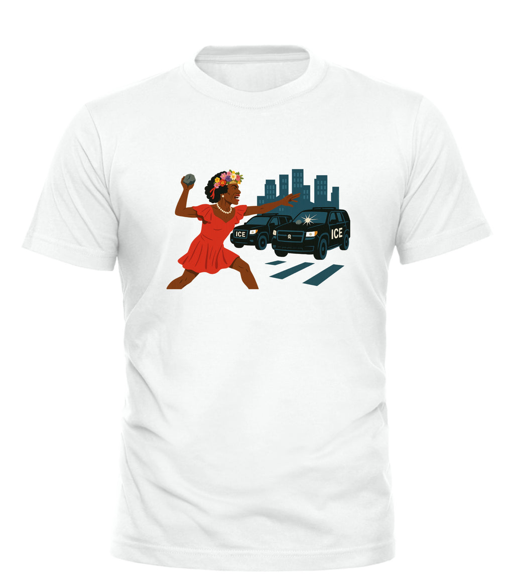 Good Trouble Garments Stonewall pride t-shirt with graphic of woman in red dress throwing stone at ICE vehicle