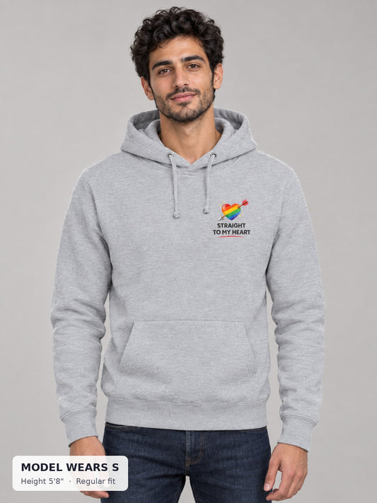 Straight to My Heart Pride Hoodie on a slim model wearing size S, 5'8" - Good Trouble Fashion