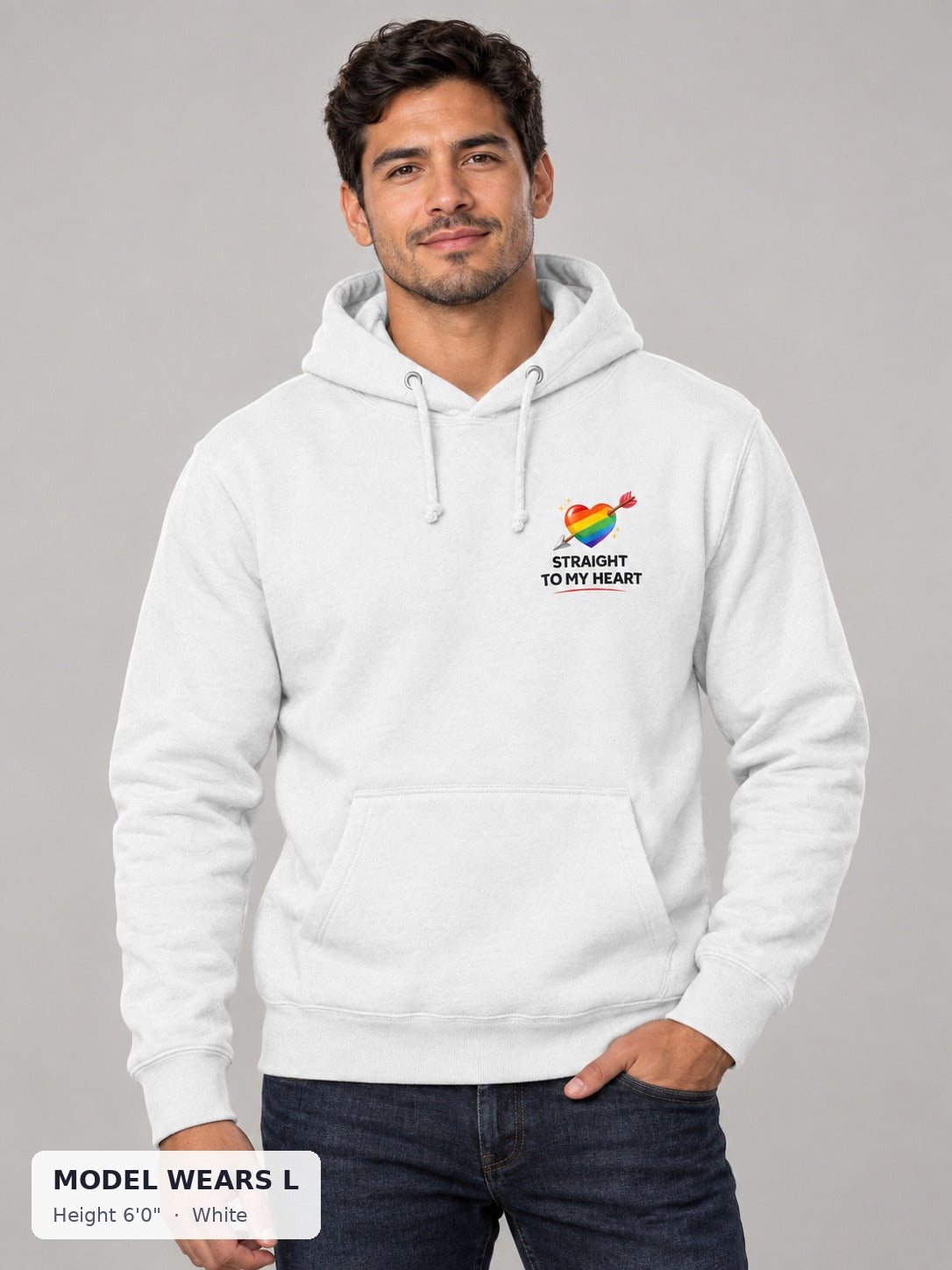 Straight to My Heart Pride Hoodie in White on an athletic model wearing size L, 6'0" - Good Trouble Fashion