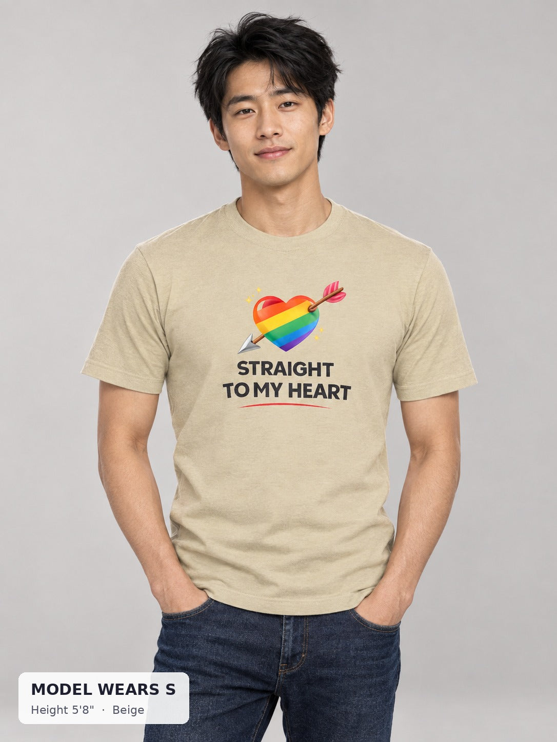 Straight to My Heart Pride Tee in Beige on a slim model wearing size S, 5'8" - Good Trouble Fashion
