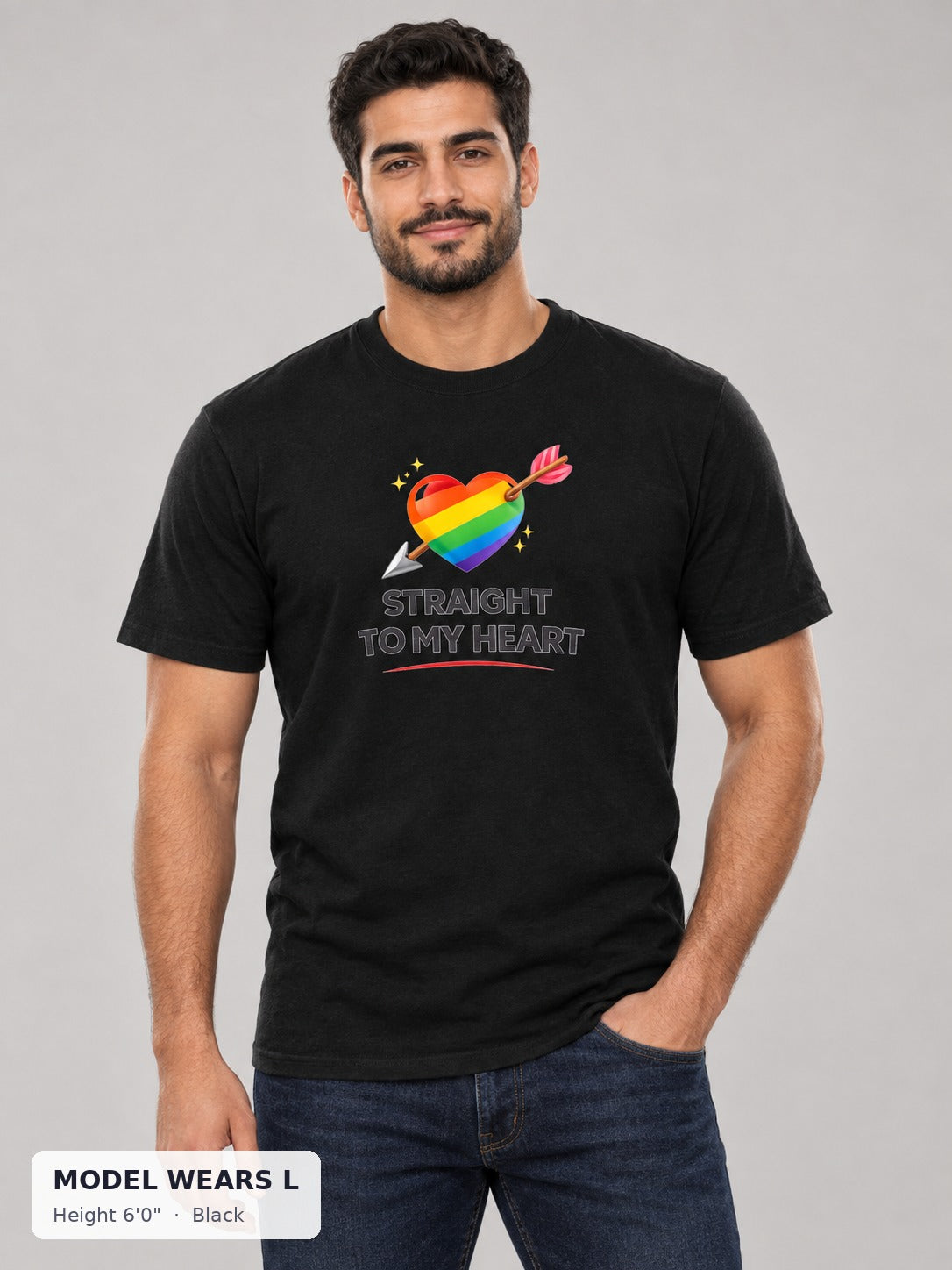 Straight to My Heart Pride Tee in Black on an athletic model wearing size L, 6'0" - Good Trouble Fashion