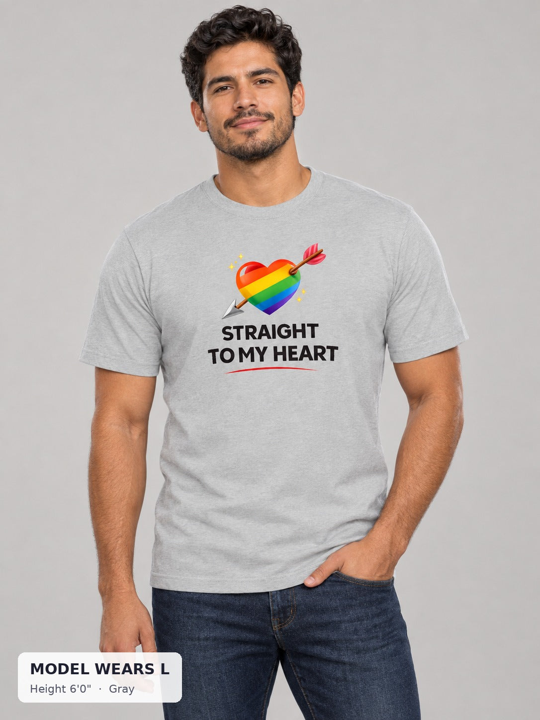 Straight to My Heart Pride Tee in Gray on an athletic model wearing size L, 6'0" - Good Trouble Fashion