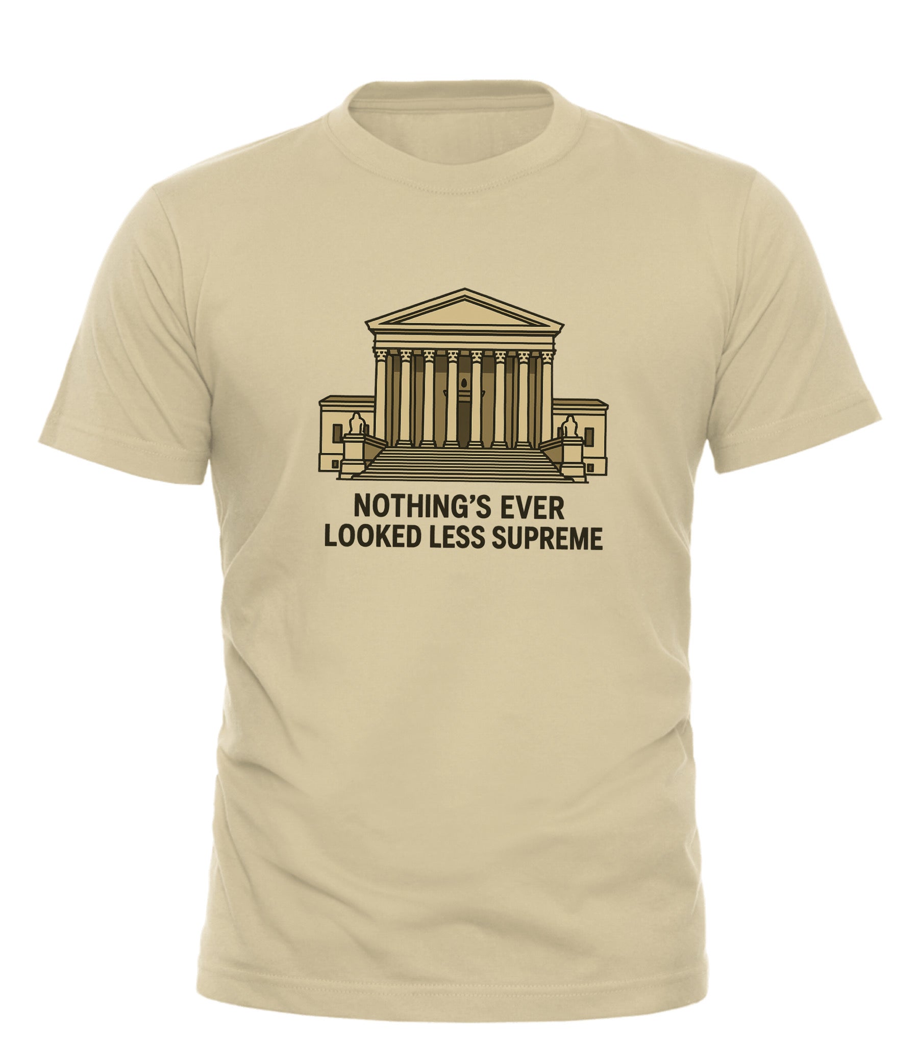 Beige Good Trouble Garments supreme court protest tee with Supreme Court building graphic and text design