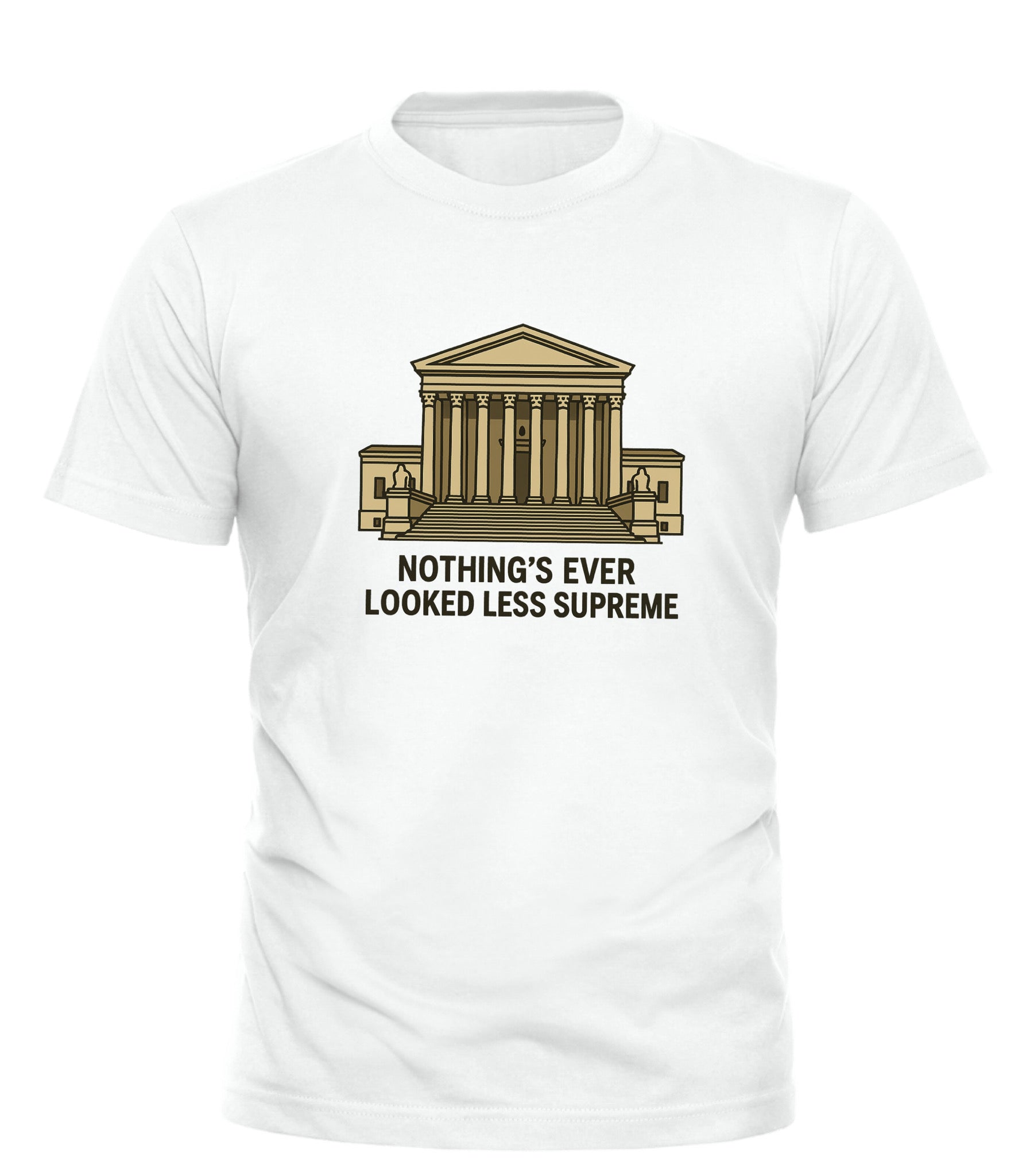 Good Trouble Garments white supreme court protest tee with Supreme Court building graphic and slogan