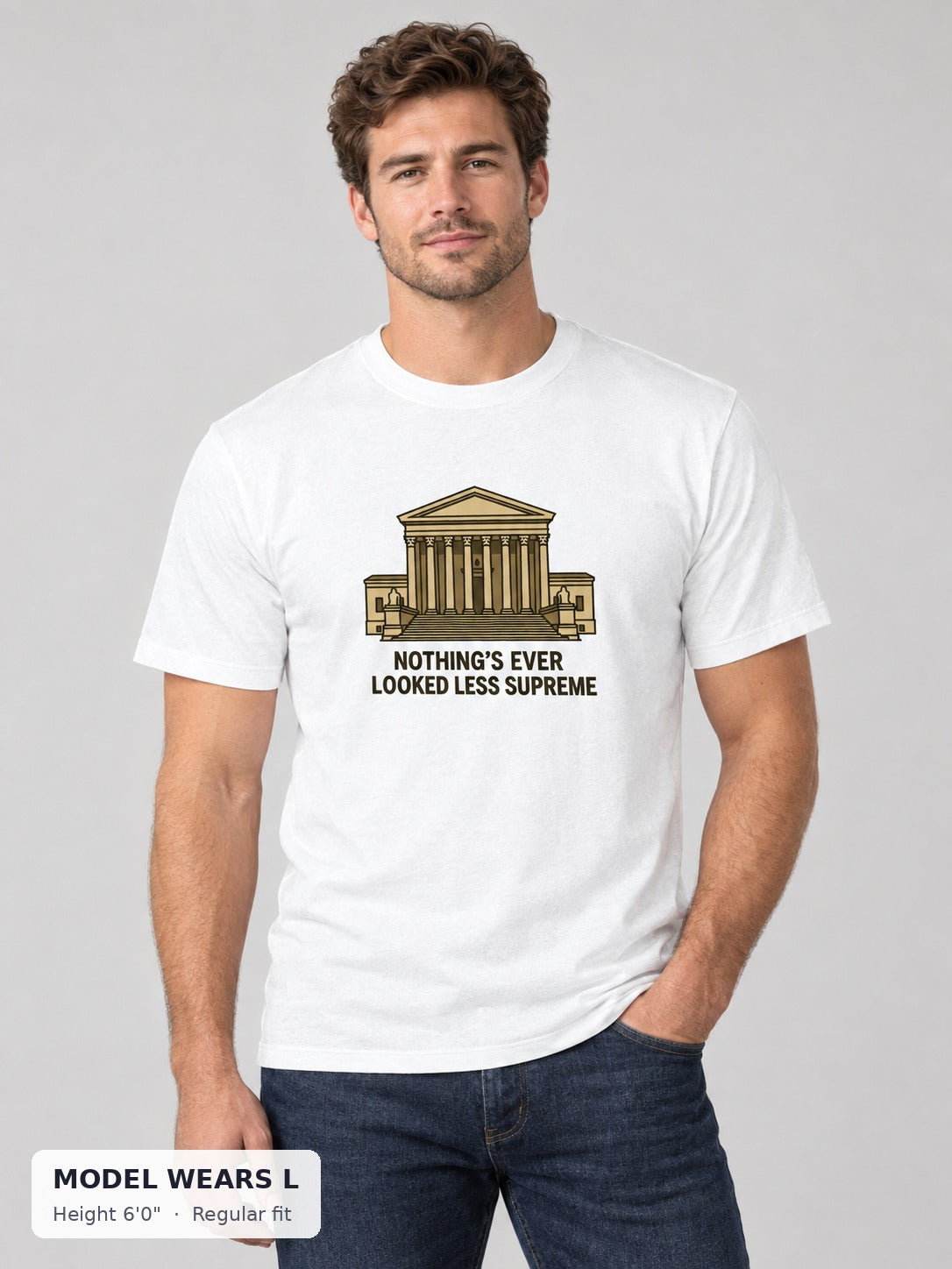 Supreme Court Sucks Protest Tee on an athletic model wearing size L, 6'0" - Good Trouble Fashion