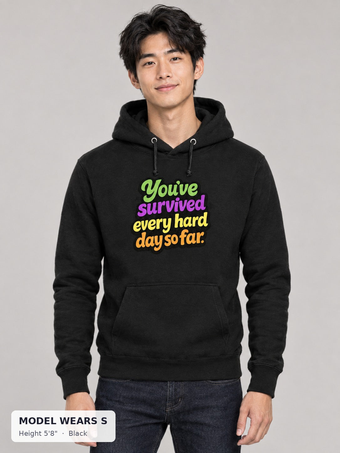 Survived Hard Days Hoodie in Black on a slim model wearing size S, 5'8" - Good Trouble Fashion
