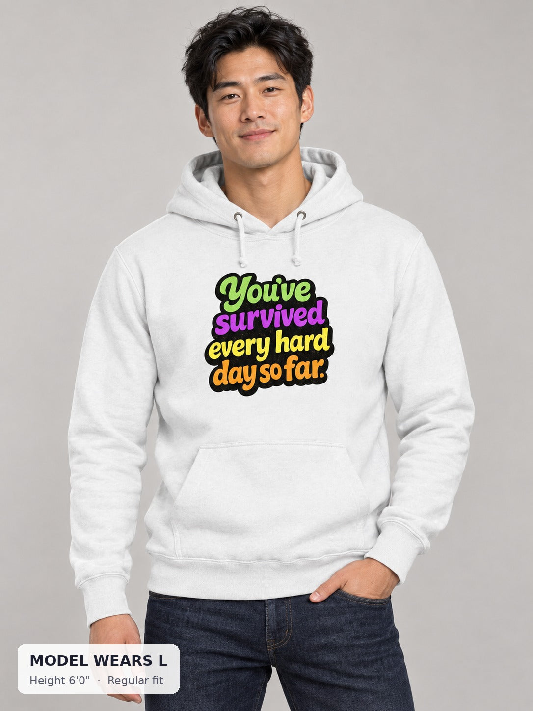 Survived Hard Days Hoodie on an athletic model wearing size L, 6'0" - Good Trouble Fashion