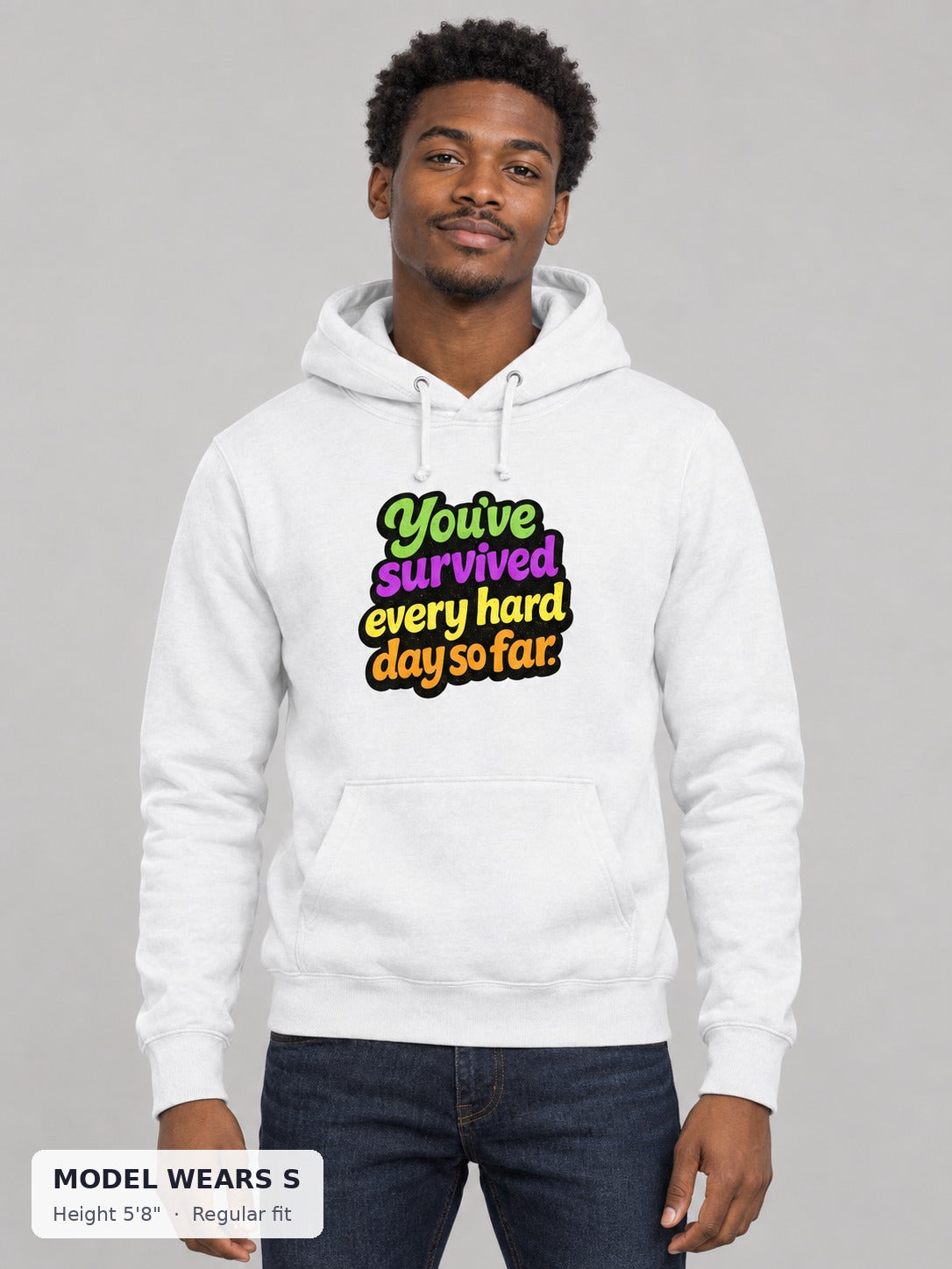 Survived Hard Days Hoodie on a slim model wearing size S, 5'8" - Good Trouble Fashion