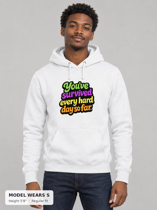 Survived Hard Days Hoodie on a slim model wearing size S, 5'8" - Good Trouble Fashion