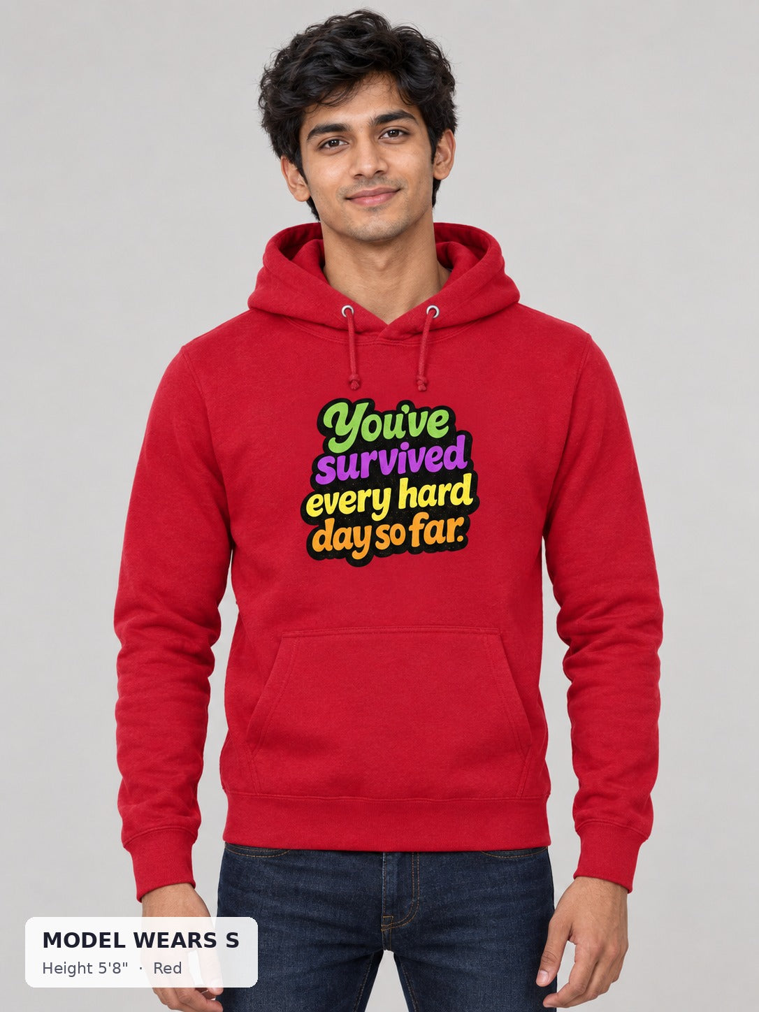 Survived Hard Days Hoodie in Red on a slim model wearing size S, 5'8" - Good Trouble Fashion