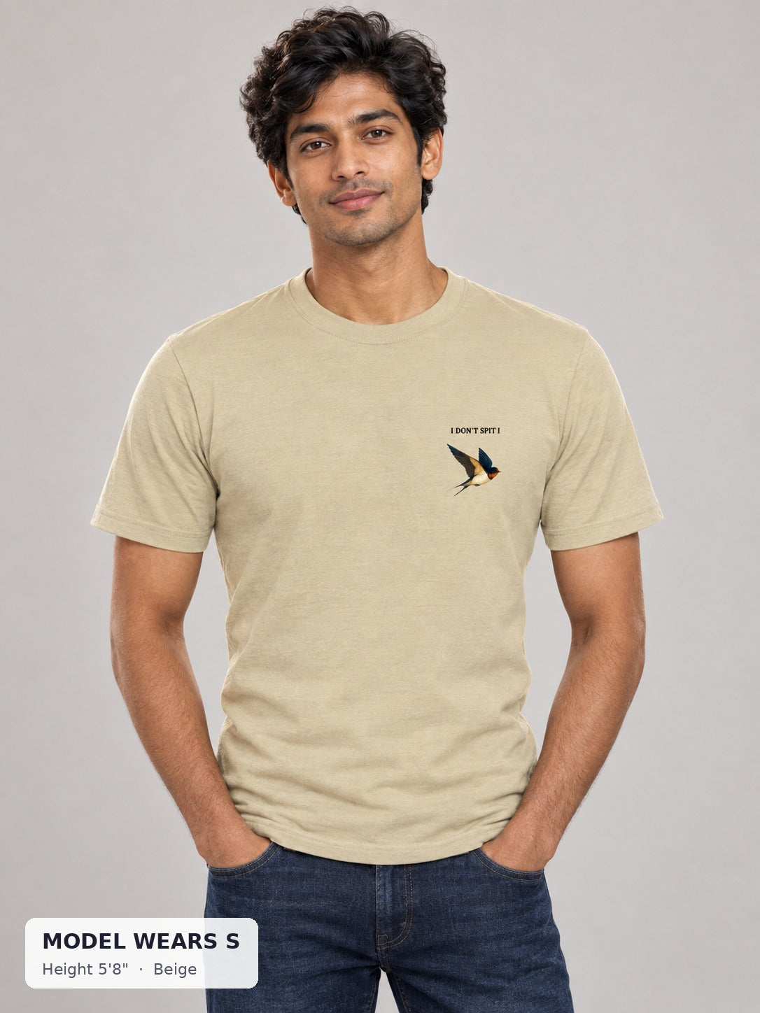 Swallow, Don't Spit Pride Tee in Beige on a slim model wearing size S, 5'8" - Good Trouble Fashion