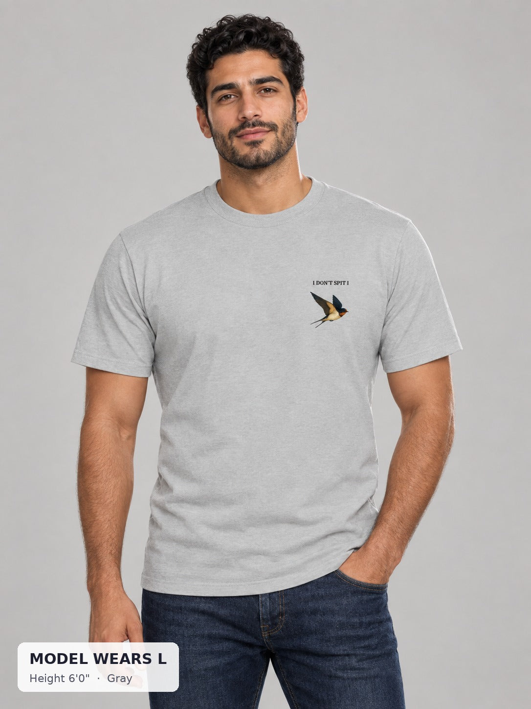 Swallow, Don't Spit Pride Tee in Gray on an athletic model wearing size L, 6'0" - Good Trouble Fashion