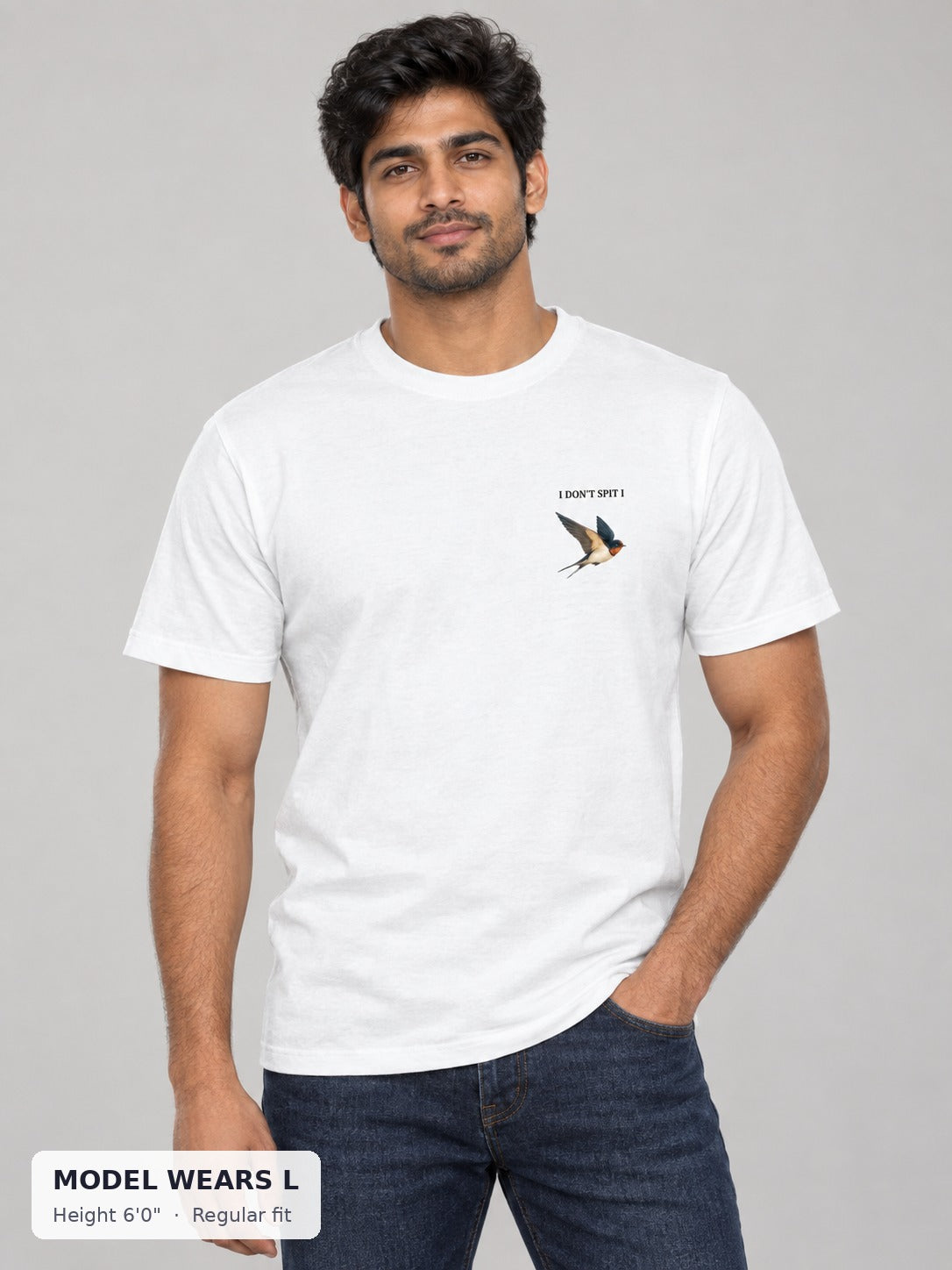 Swallow, Don't Spit Pride Tee on an athletic model wearing size L, 6'0" - Good Trouble Fashion