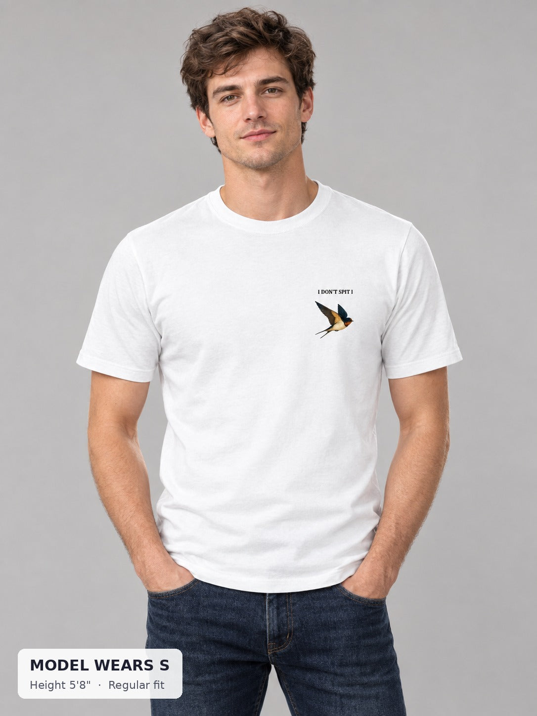 Swallow, Don't Spit Pride Tee on a slim model wearing size S, 5'8" - Good Trouble Fashion