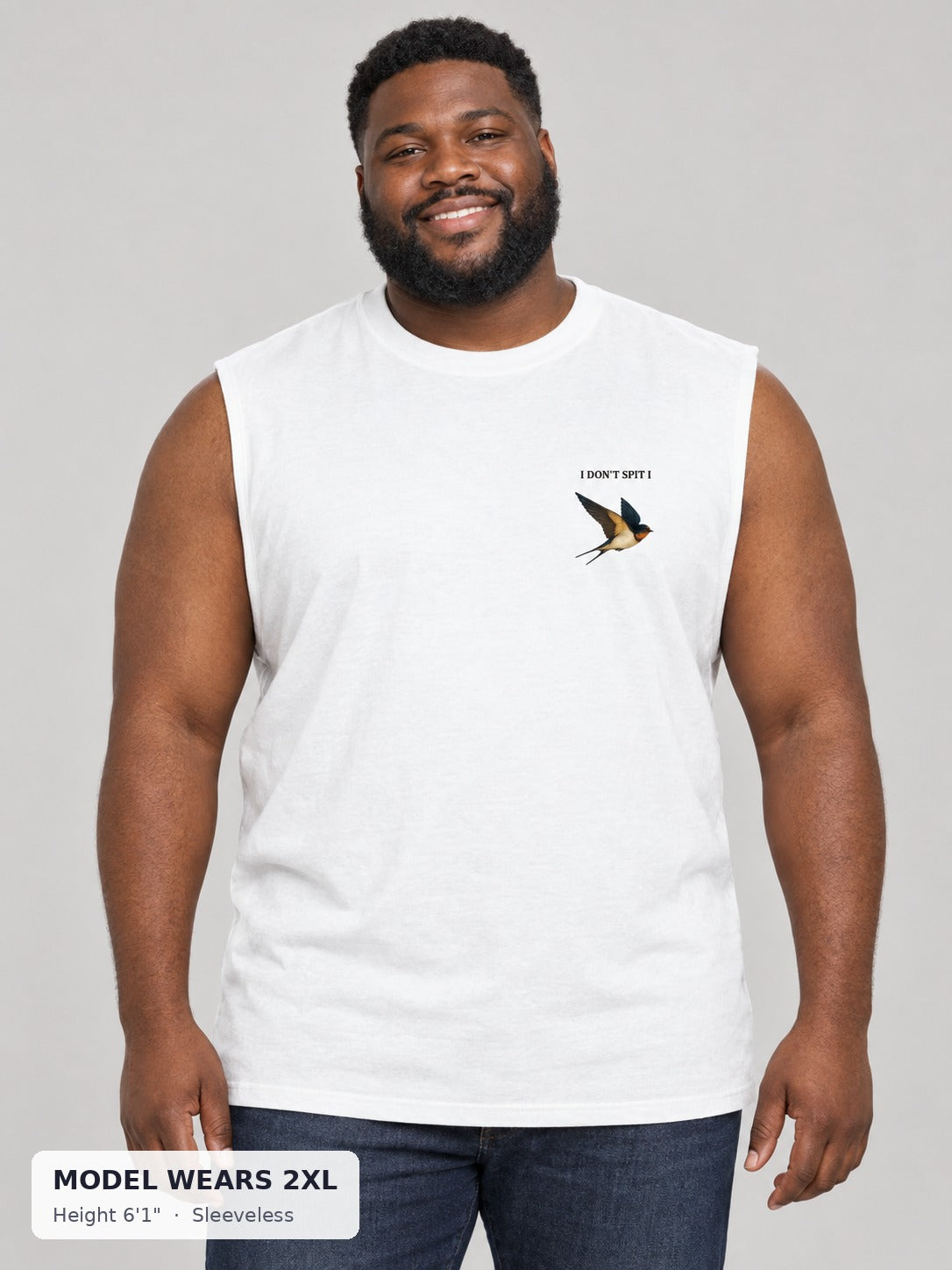 Swallow, Don't Spit Pride Tee in Sleeveless style on a plus-size model wearing size 2XL, 6'1" - Good Trouble Fashion