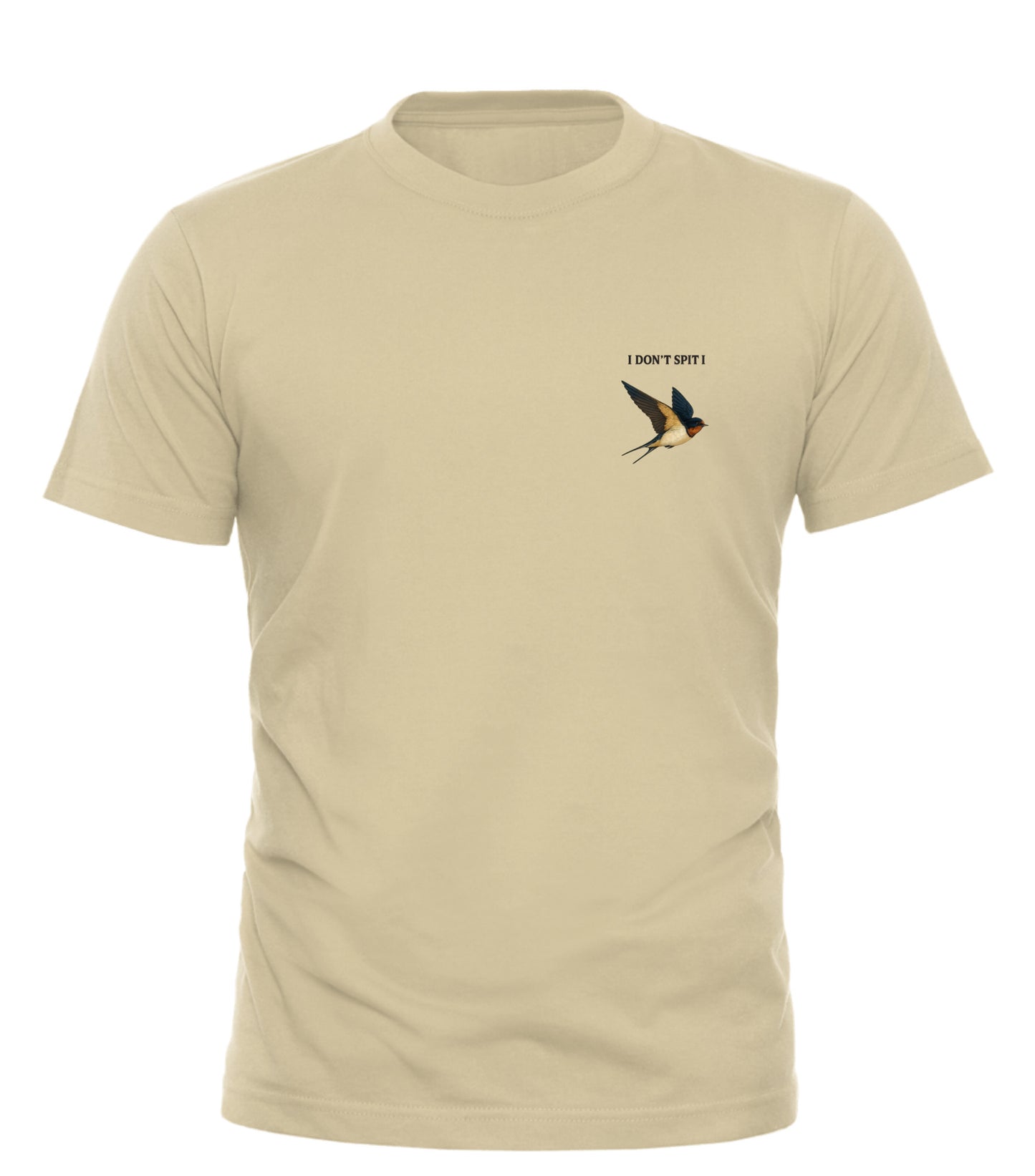 Good Trouble Garments Swallow Dont Spit T Shirt in beige with swallow graphic and I Don't Spit text