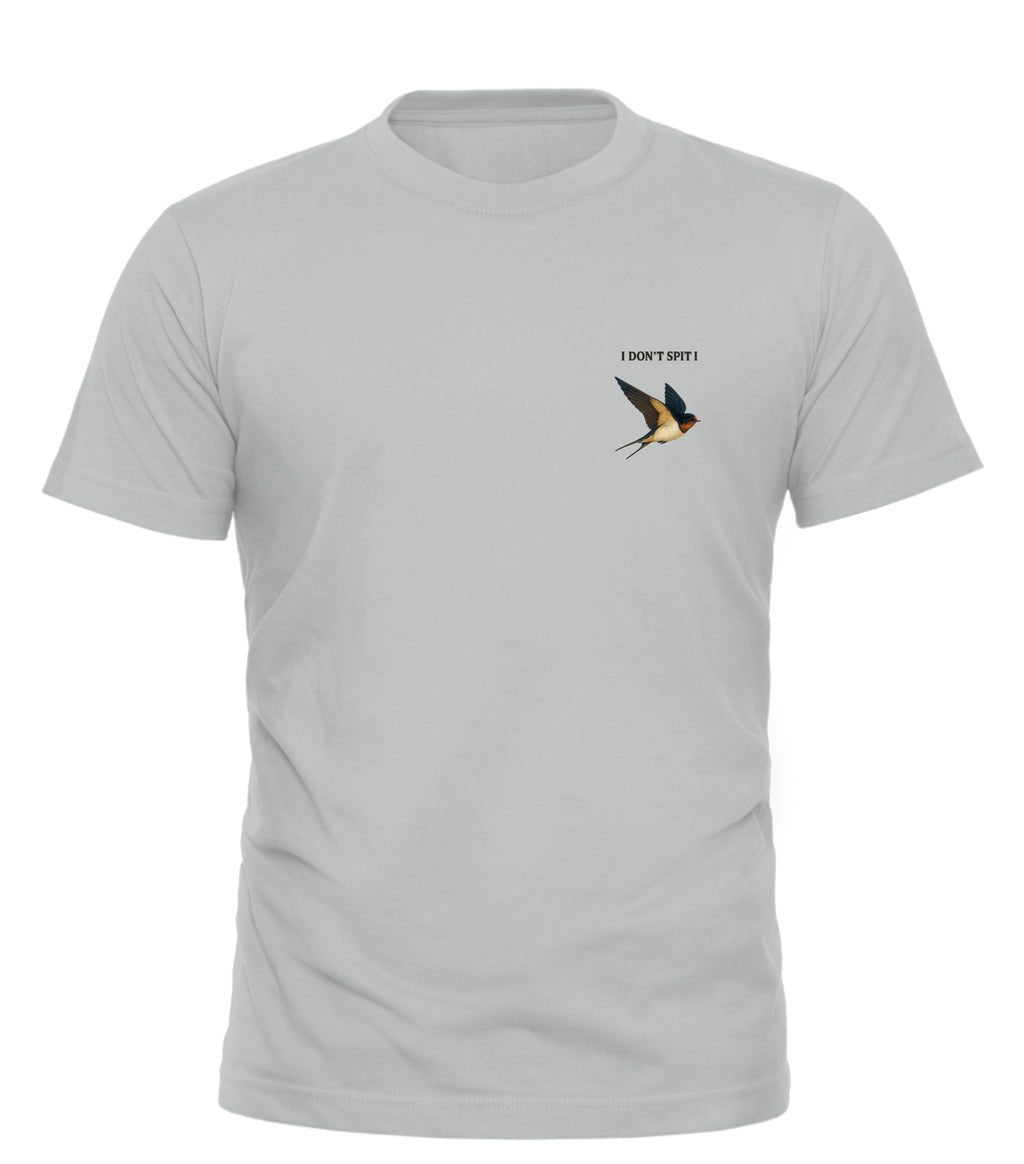 Light gray swallow dont spit t shirt featuring a bird graphic and slogan for casual outfits