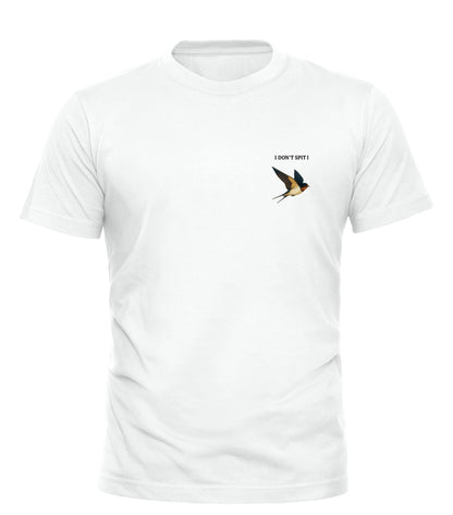 White swallow dont spit t shirt featuring a small bird graphic for a stylish statement