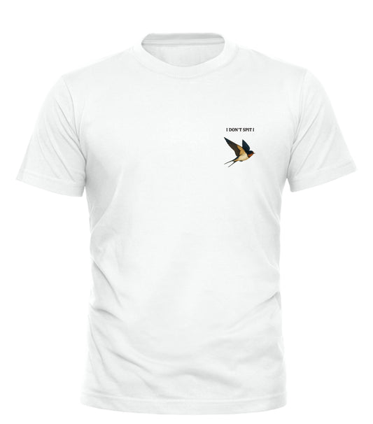White swallow dont spit t shirt featuring a small bird graphic for a stylish statement