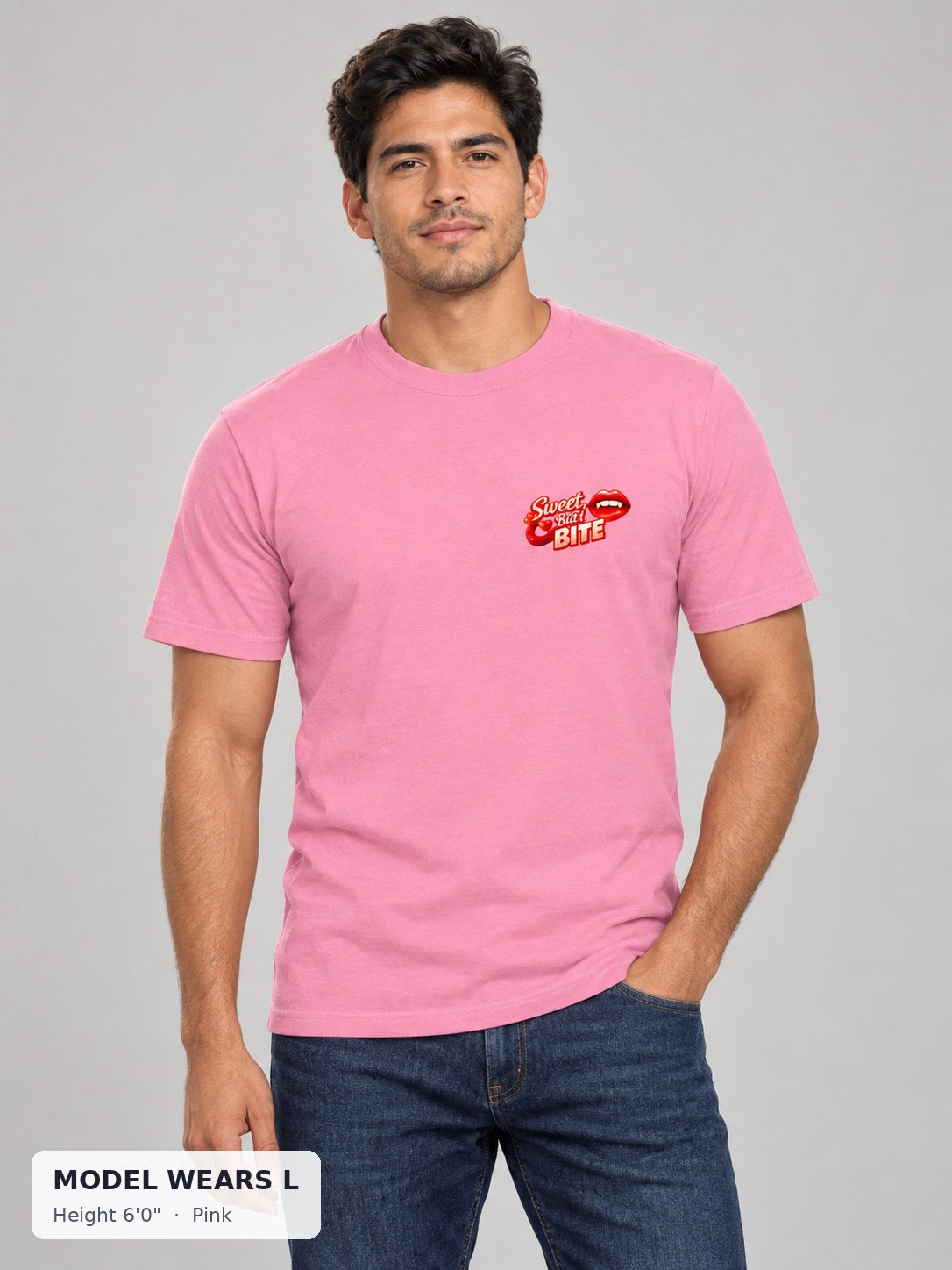 Sweet But Bite Tee in Pink on an athletic model wearing size L, 6'0" - Good Trouble Fashion
