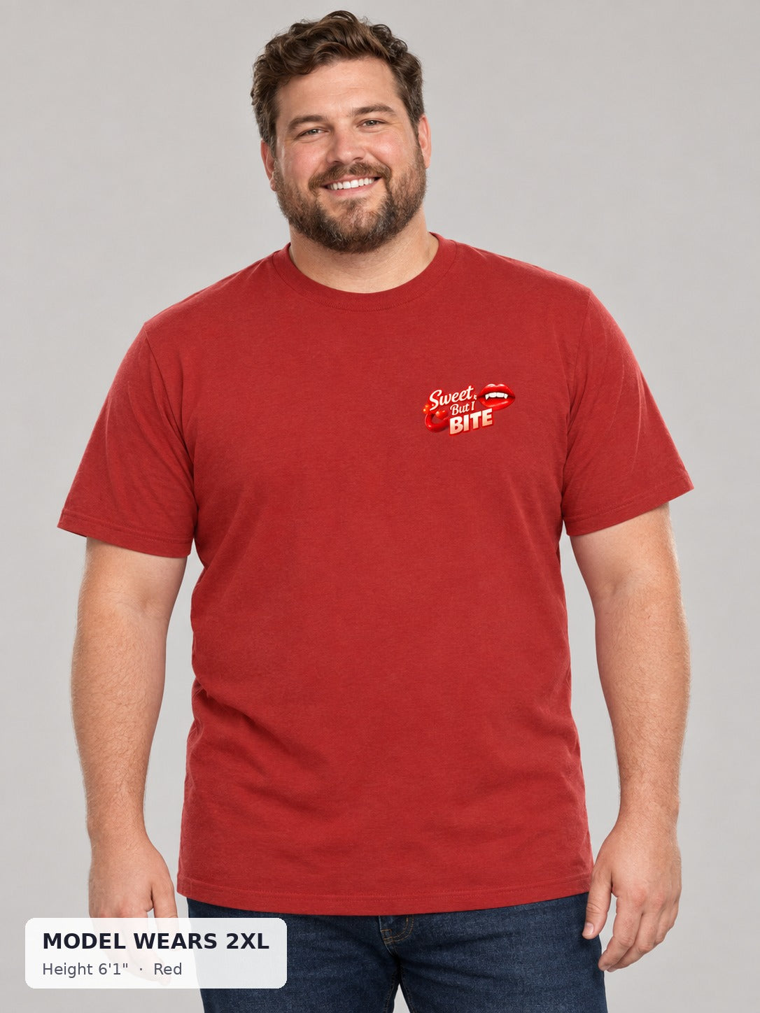 Sweet But Bite Tee in Red on a plus-size model wearing size 2XL, 6'1" - Good Trouble Fashion